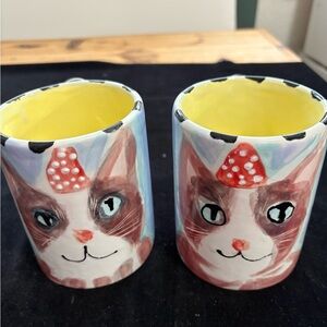2 Hand Painted Cat Coffee Mug 16 Oz  4.5”  New By Victoria Heisler Two mugs